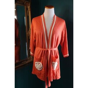 Vintage MCM Rondeau Chenille Salmon Orange Midi Tie Robe Retro Large